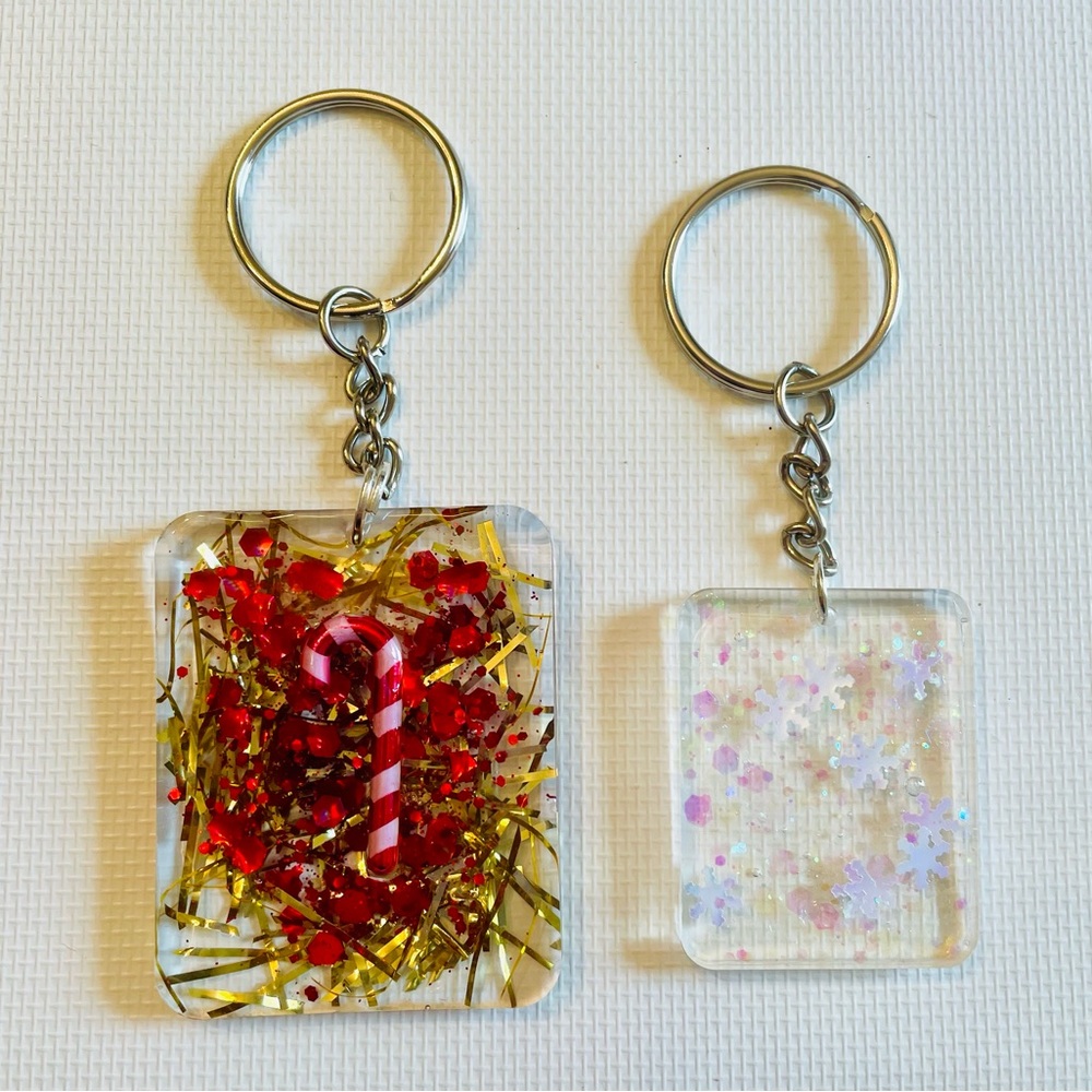 Festive Resin Keychain Set with Red and Gold Accents
